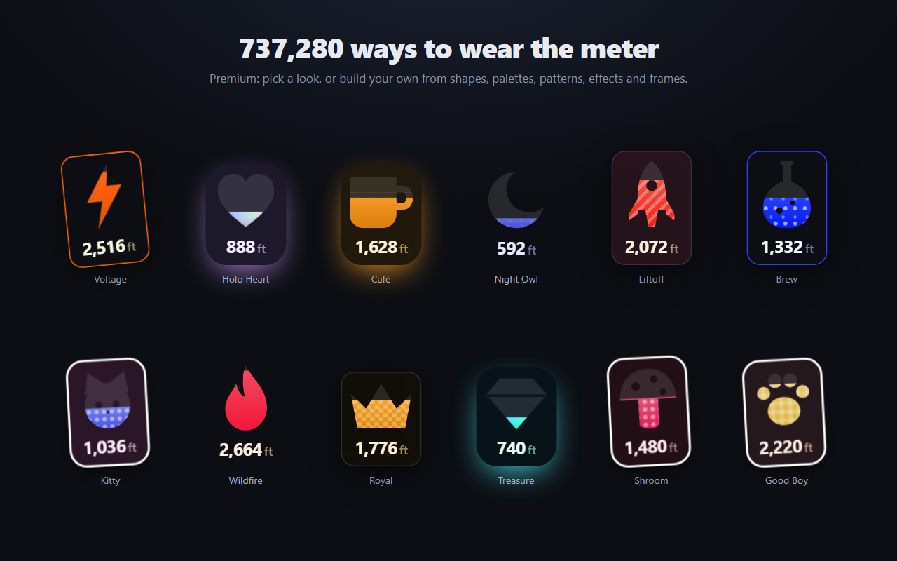 Twelve premium looks for the meter: a lightning bolt, a holographic heart, a coffee mug, a moon, a rocket, a potion, a cat, a flame, a crown, a gem, a mushroom and a paw.